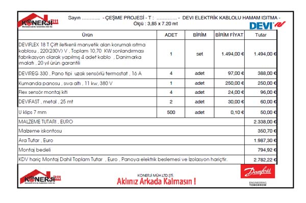 kablolu hamam stma iin fiyatlandrma